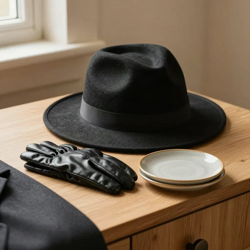 Black fedora, jacket collar, leather gloves, and ceramic dish on a pale wood desk in soft light.