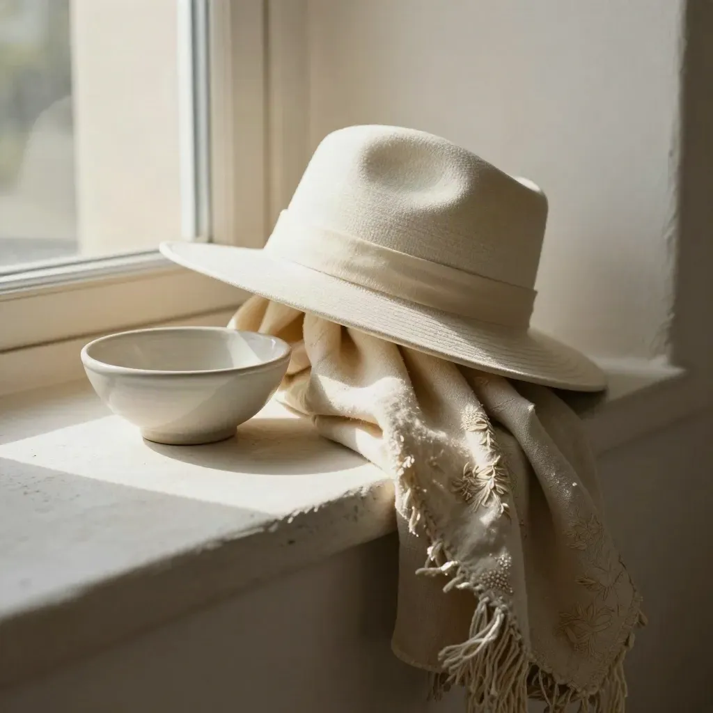 Ivory sun hat with scarf, linen, and ceramic bowl on a plaster ledge.