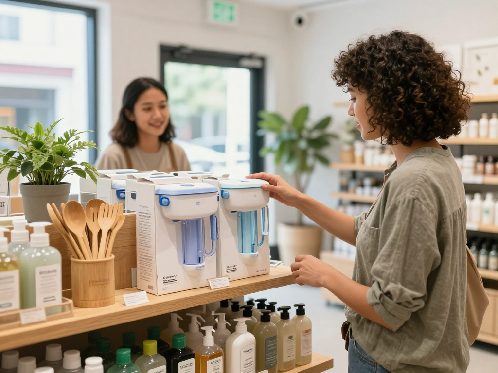 Explore eco-friendly household products at https://www.ebbfilter.com/shop in a bright retail space.