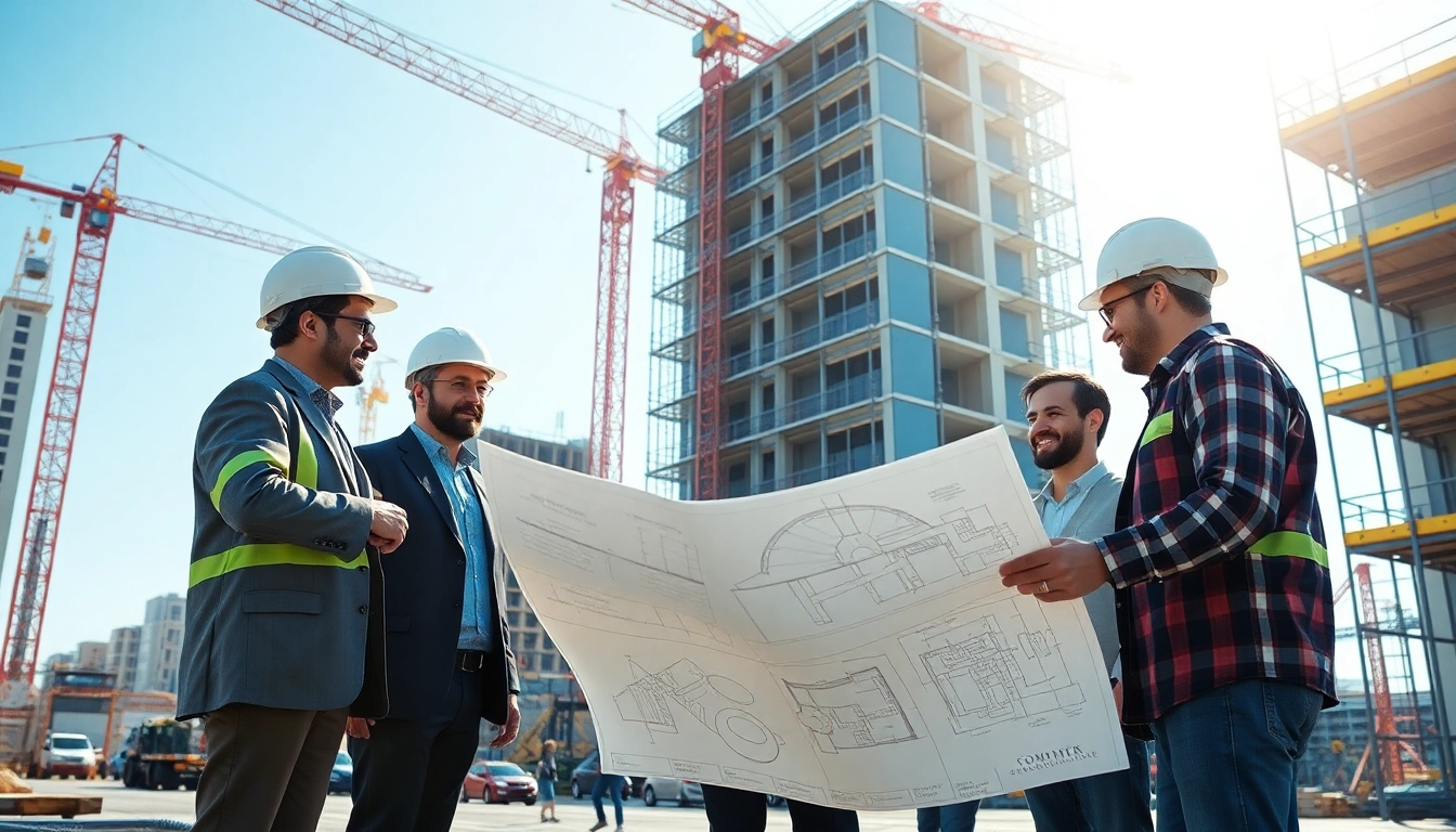New Jersey Commercial General Contractor team working on a construction site with blueprints and machinery.