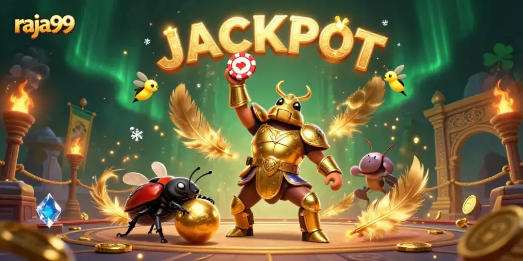 Win big with raja99 in this vibrant casino scene featuring colorful characters and jackpot celebration.