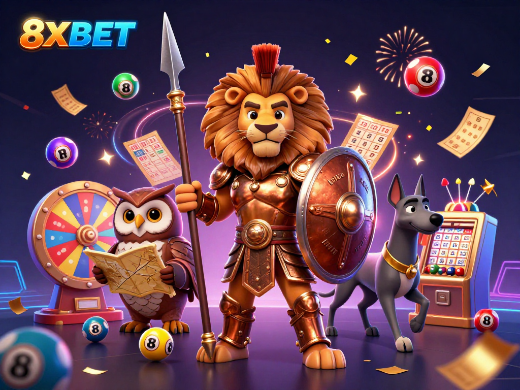 Engage with 8XBET through dynamic casino themes featuring a Spartan lion and strategic elements.