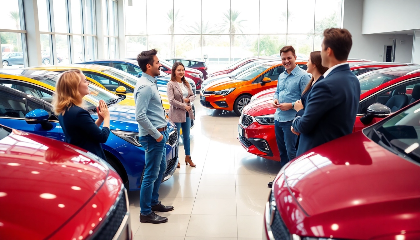 Buy New Car with a friendly salesperson discussing options in a bright dealership showroom.