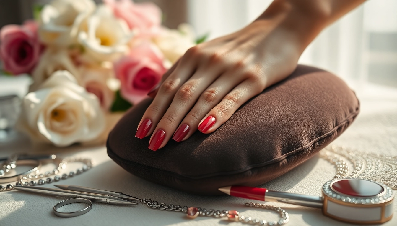 Experience Luxury manicures with this elegant hand resting on a velvet cushion among floral accents.