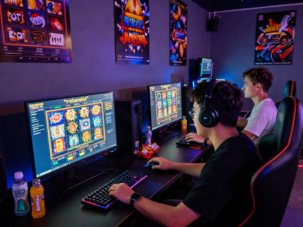 Interactive gaming scene with 'rutanslot' interface on display, colorful graphics and gaming setup.