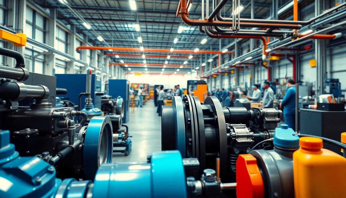 Showcasing industrial hydraulics solutions with advanced machinery in a dynamic factory setting.