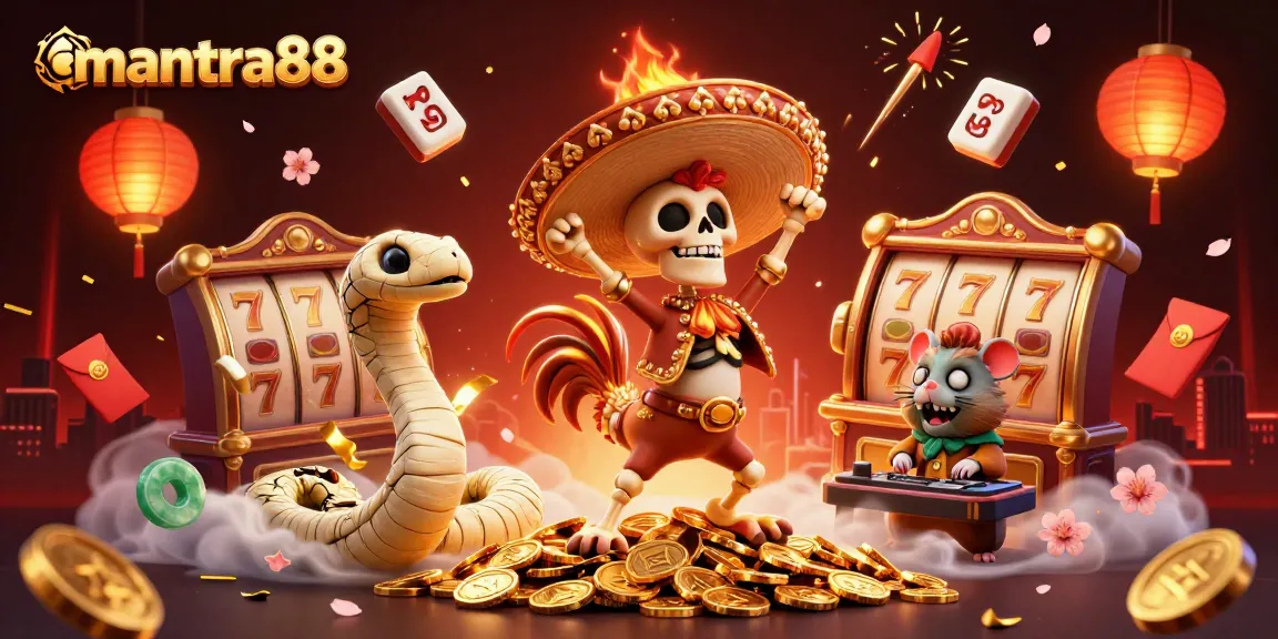 Experience the excitement with mantra88 as a cartoon skeleton mariachi rooster and friends celebrate on golden coins.