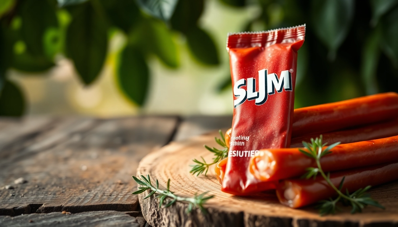 Engaging representation of slim jim nutrition showcasing a delicious meat stick with a rustic backdrop.