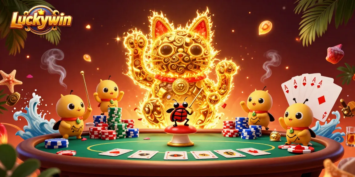 Experience Luckywin with a vibrant scene of a lucky cat and poker elements, enhancing your gaming adventure.