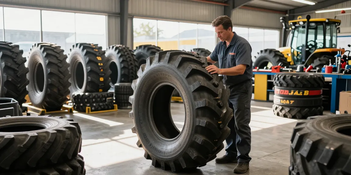 Professional technician assessing TLB tyres for sale in Durban, highlighting quality and variety for tractor loader backhoes