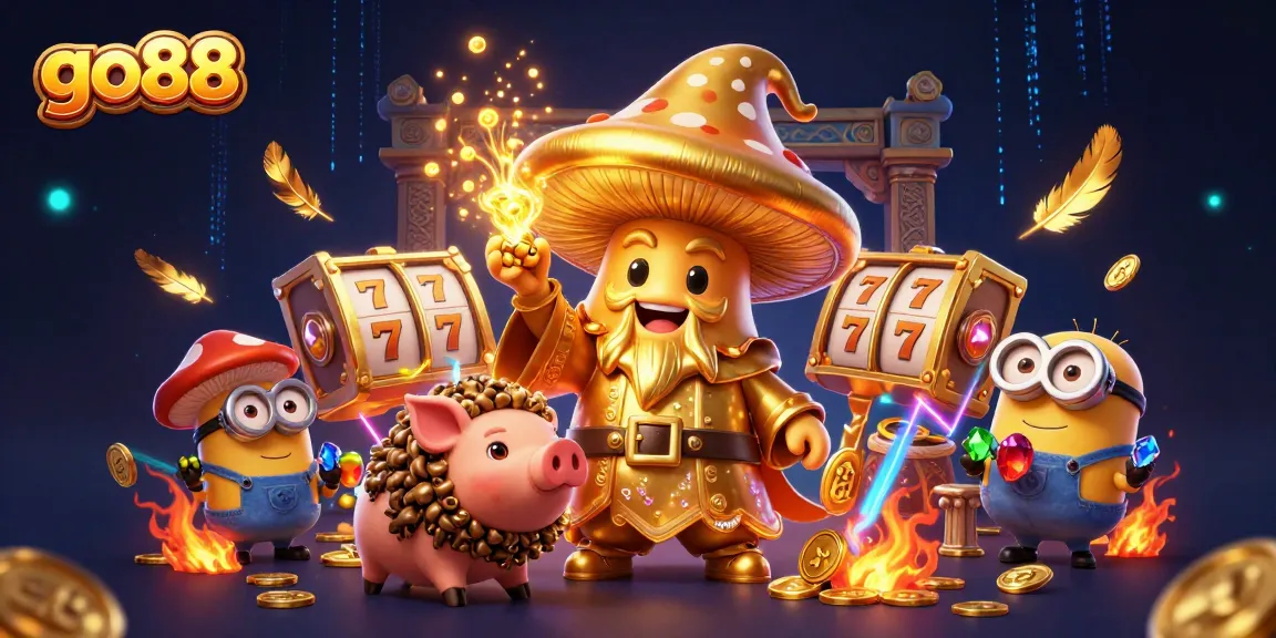 Experience winning slots at go88 with a golden mushroom wizard and treasure-finding pig in magical casino scenery.