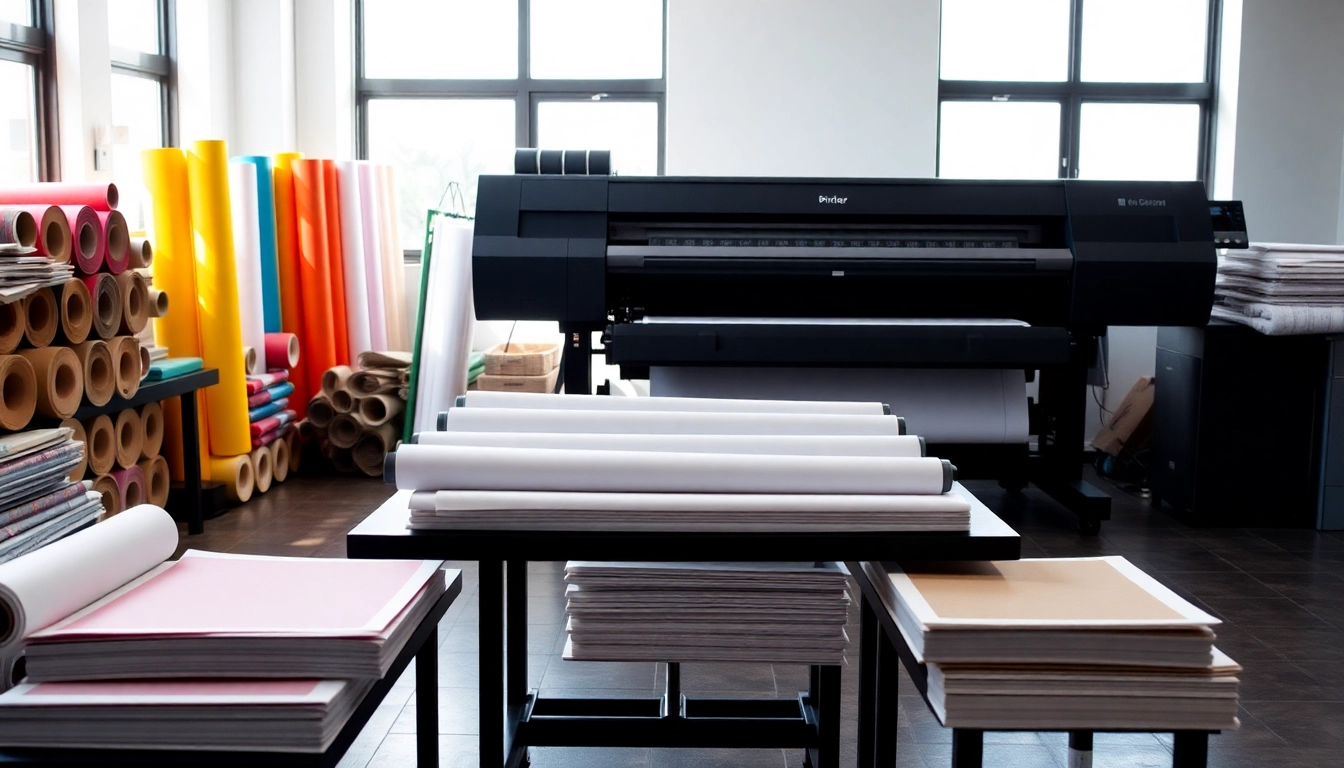Print materials being produced in an edmonton print shop with vibrant colors and modern equipment.