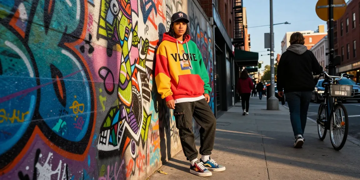 Stylish individual in Vlone hoodie showcasing urban streetwear fashion in vibrant city setting.