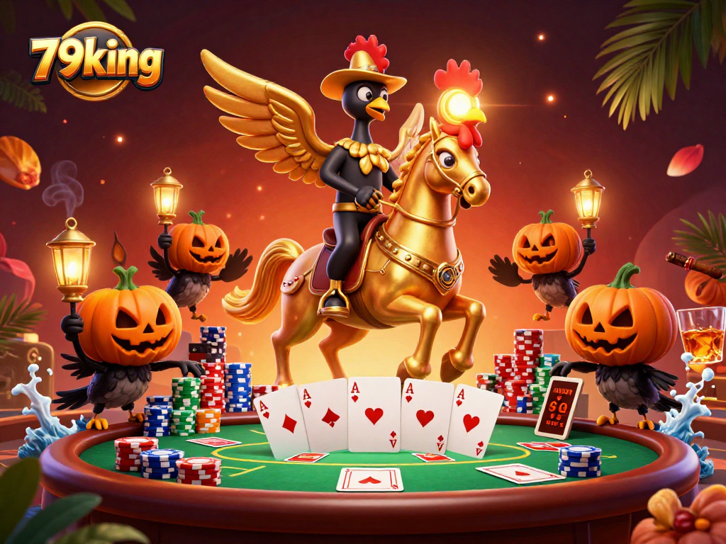 Experience thrilling gameplay with the 79king golden rooster riding through a vibrant casino scene.