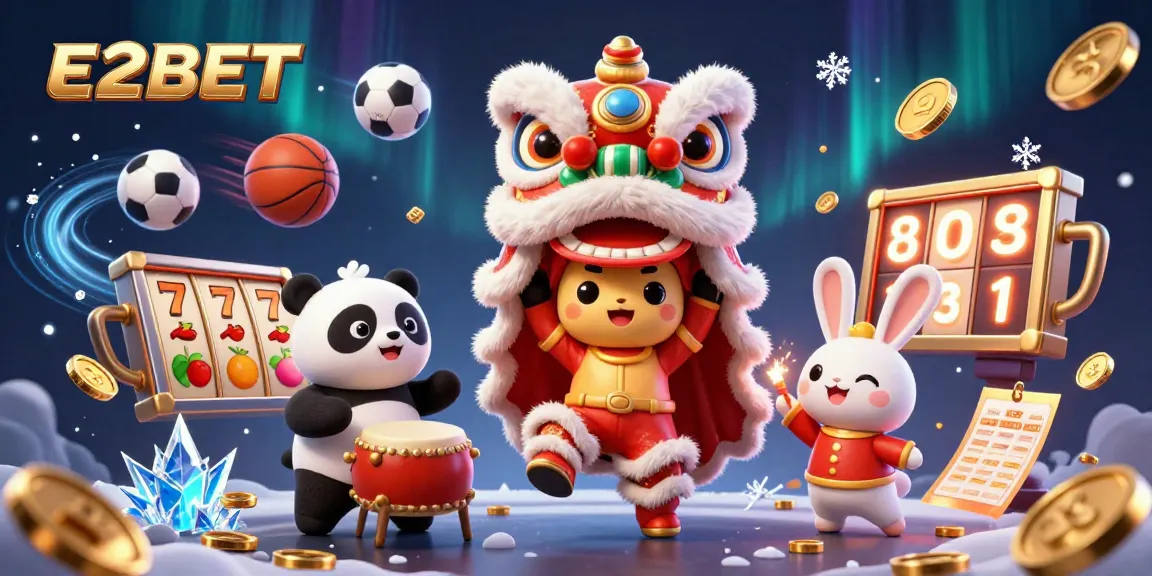 E2BET showcases a vibrant casino-themed illustration featuring a lion dance, sports elements, and festive decor.