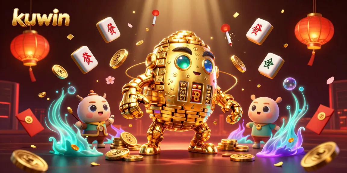 Kuwin dynamic casino illustration showcasing a golden golem amidst mahjong tiles and festive decorations.