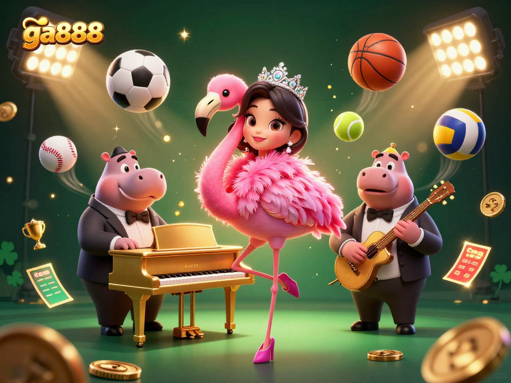 ga888 showcases a lively casino scene with a flamingo singer and hippo bassist surrounded by sports elements.