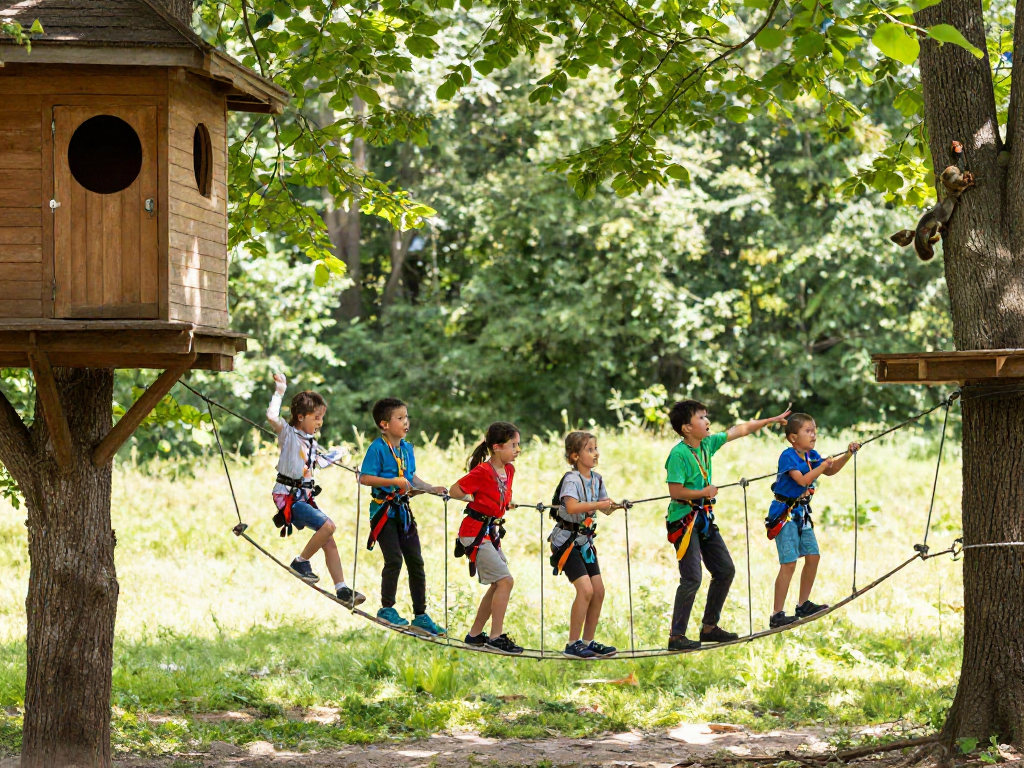 Children crossing a rope bridge in a vibrant forest, showcasing outdoor adventure.