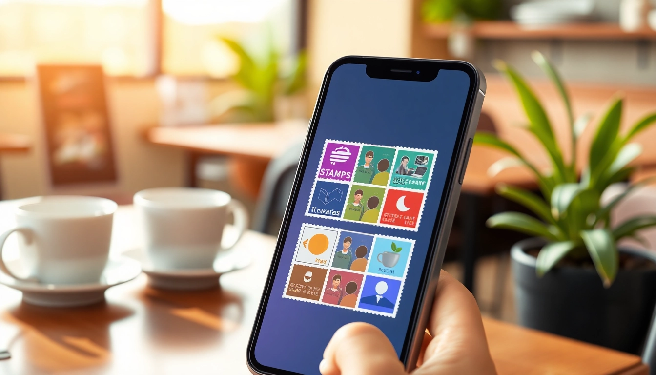 Engage with digital stamp cards showcased on a smartphone in a vibrant cafe.