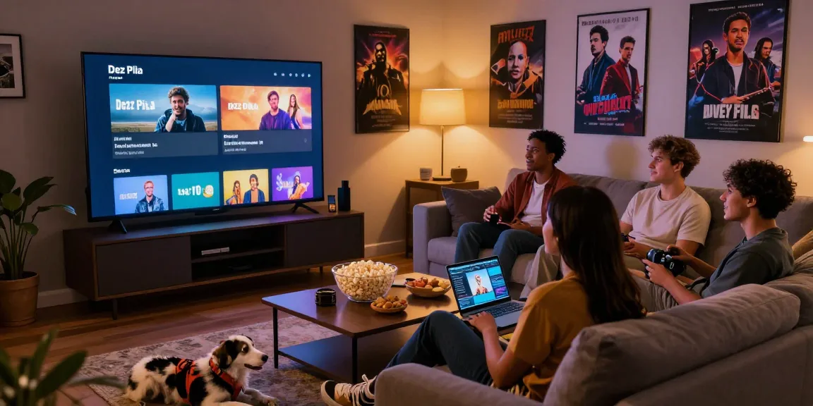 Friends enjoying a movie night with Dez Pila streaming service in a cozy living room.