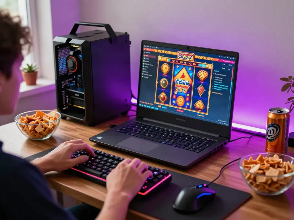 Pengguna bermain Slot777 dengan suasana nyaman dan pencahayaan LED yang berwarna-warni.