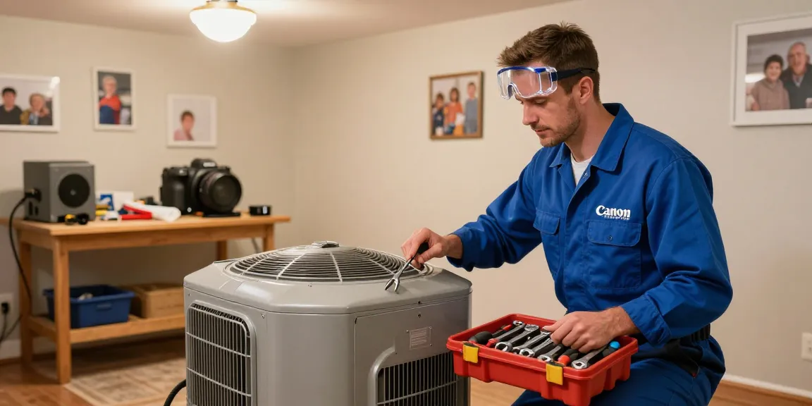 Furnace repair Stevens Point in a warm home setting with a technician inspecting the unit.