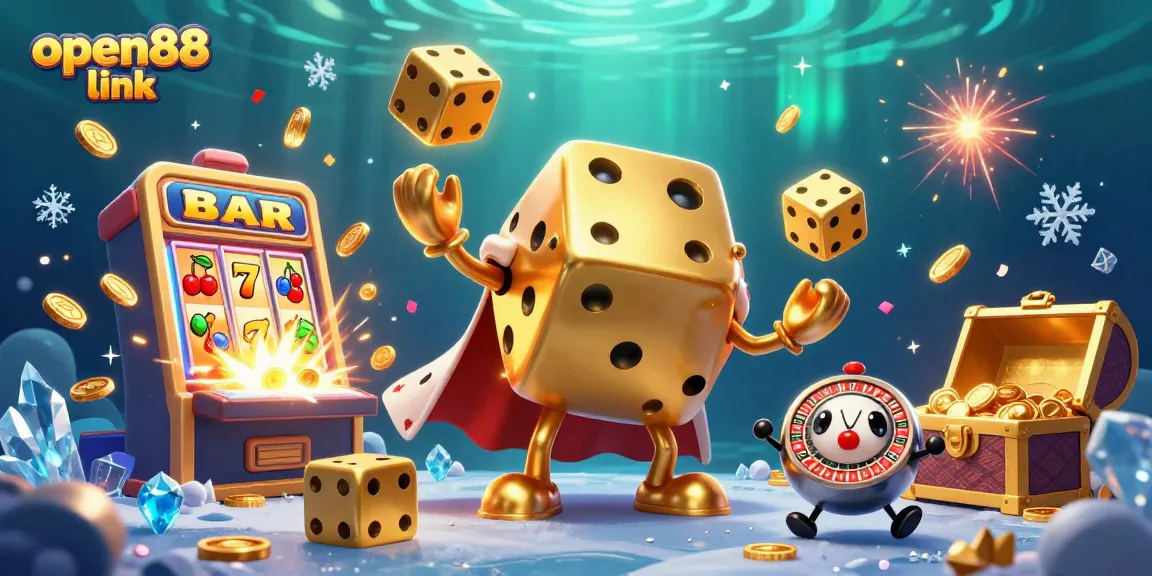 Engage with exciting games at open88 link, featuring a dynamic casino scene with golden dice and jackpot elements.