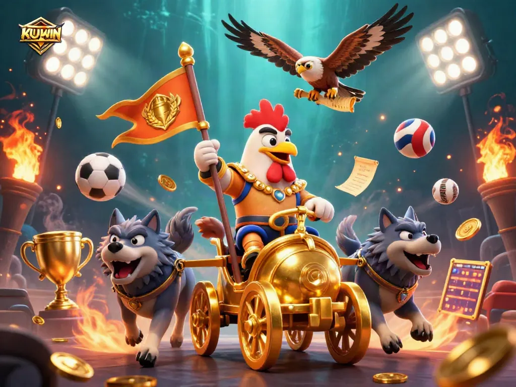 Bet on exciting games with KUWIN, featuring dynamic 3D elements of sports and gold.