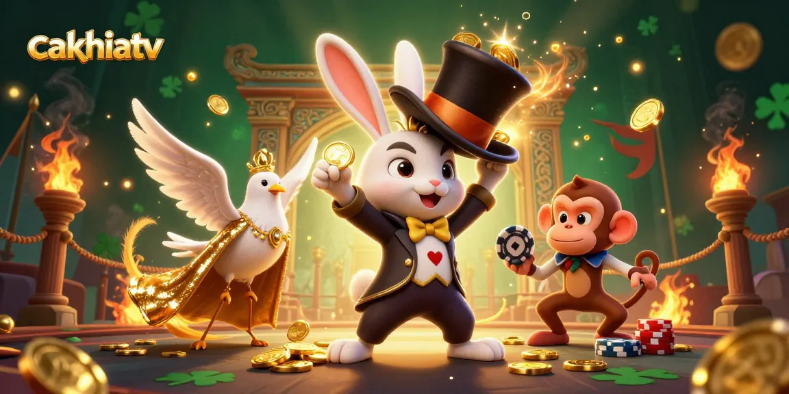 Cakhiatv captures the excitement of gambling with a 3D magician rabbit pulling coins, immersive atmosphere, and vibrant visuals