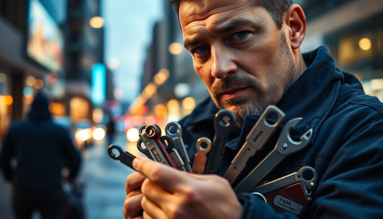 Expert 24h locksmith demonstrating tools in a night city setting.