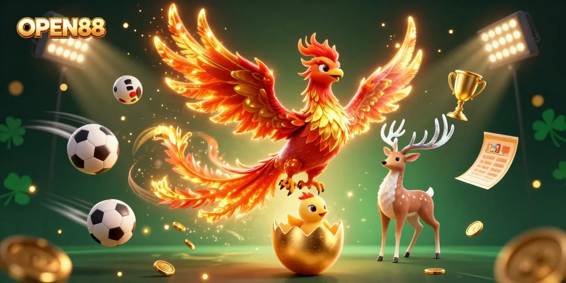 Engage in thrilling sports betting at OPEN88 with a vibrant illustration of a fiery phoenix, golden egg, and dynamic game elements.