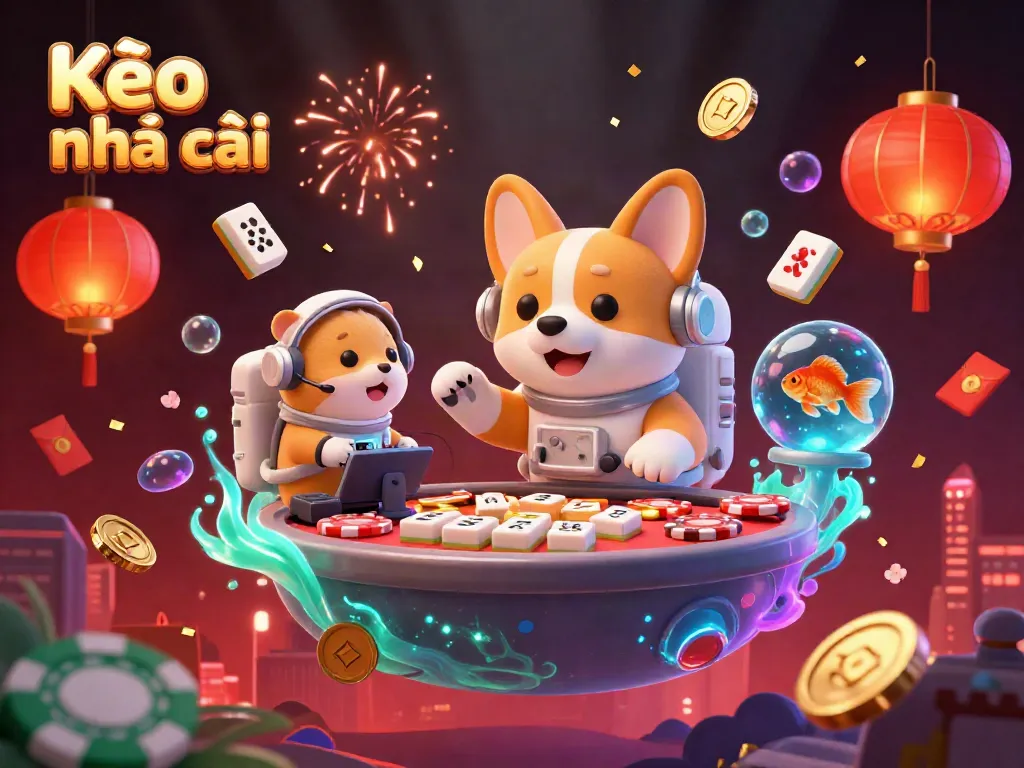 Engage with Kèo nhà cái in a vibrant space casino scene featuring a corgi, hamster, and goldfish.