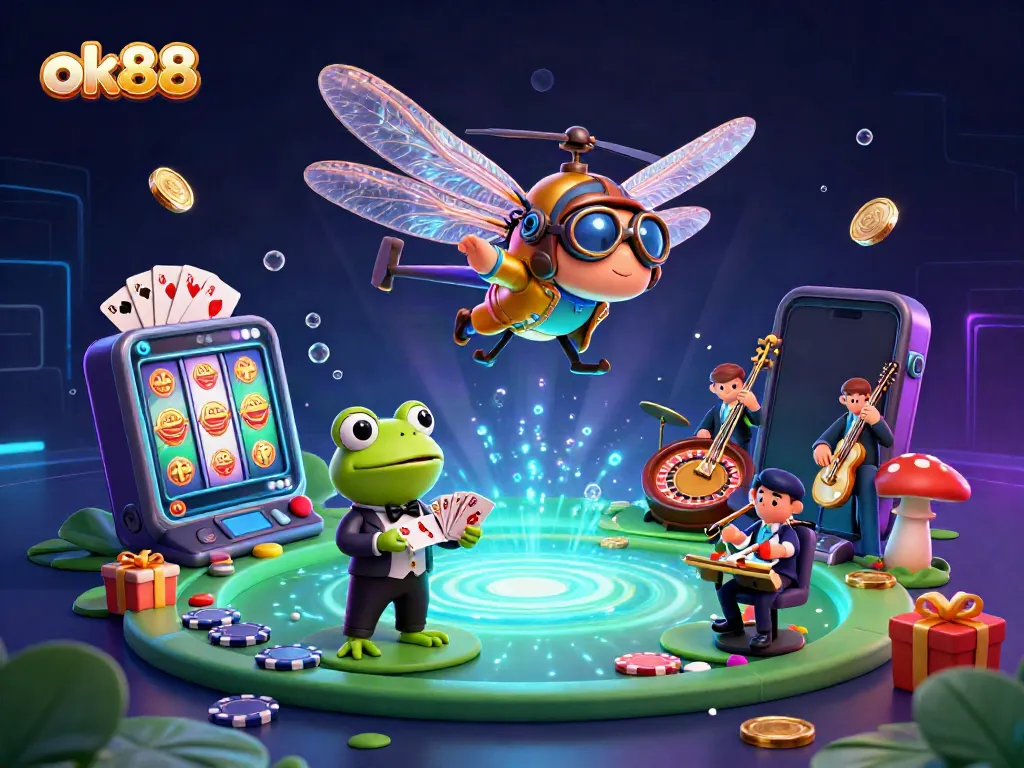 Engage with ok88 through vibrant 3D illustration of a dragonfly helicopter pilot in a casino scene.