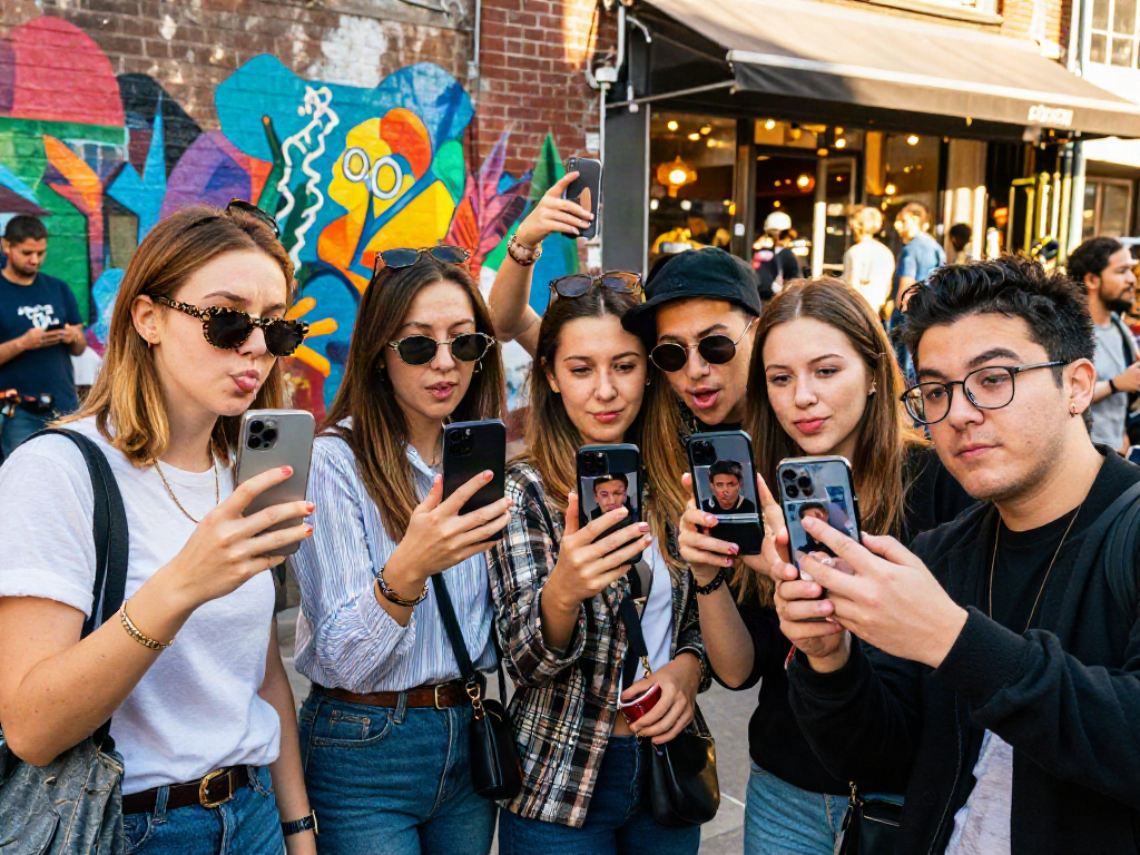 Group of friends comparing their celebrity look alike results in a lively urban setting.