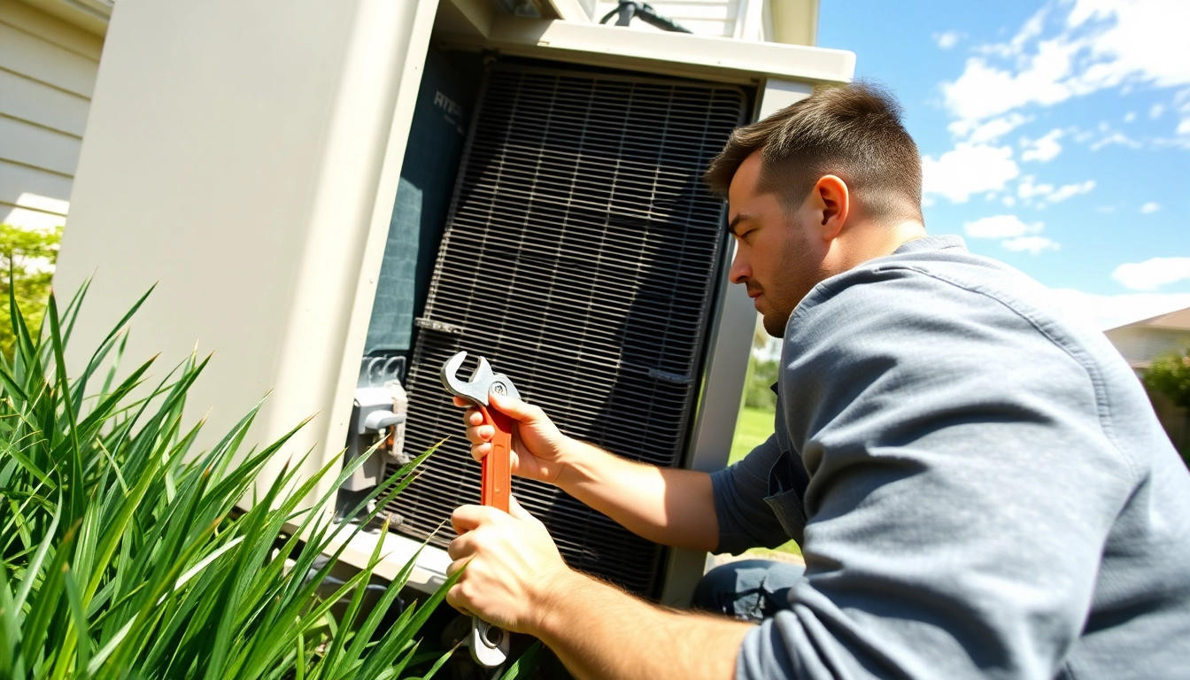 Technician performing ac replacement stormville in a vibrant backyard setting.