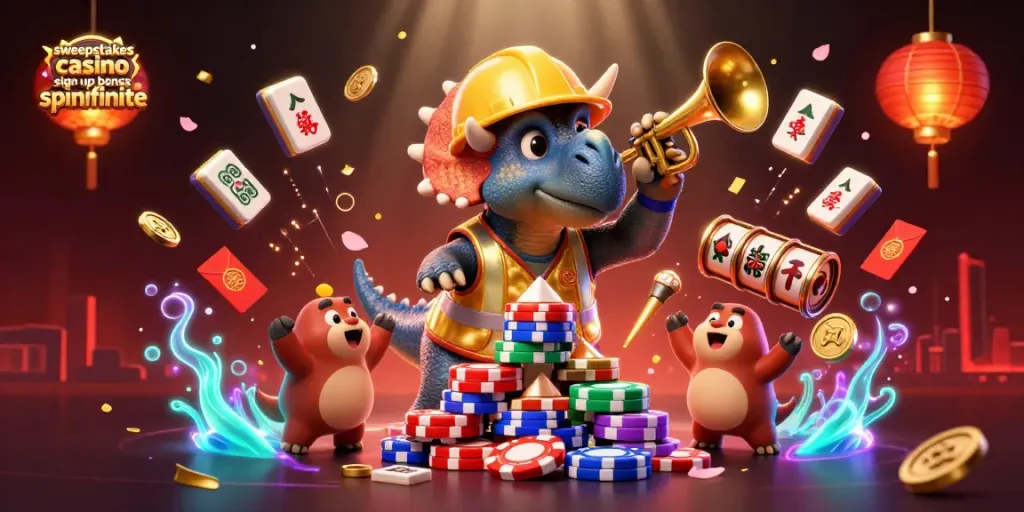 Experience the excitement of sweepstakes casino sign up bonus spinfinite with joyful characters building poker chips amidst festive elements.