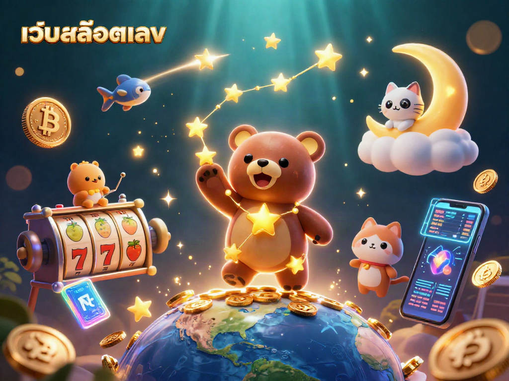 Engage with เว็บสล็อตตรง through a vibrant scene of a constellation bear and crypto elements.