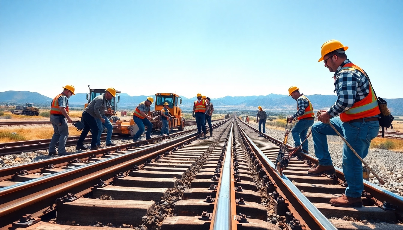 Railroad Contractors collaborating on a railway project with detailed tracks and tools in action.