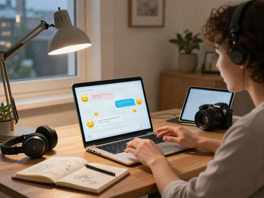 Interactive conversation with an nsfw chat bot in a cozy home office, highlighting modern digital engagement.