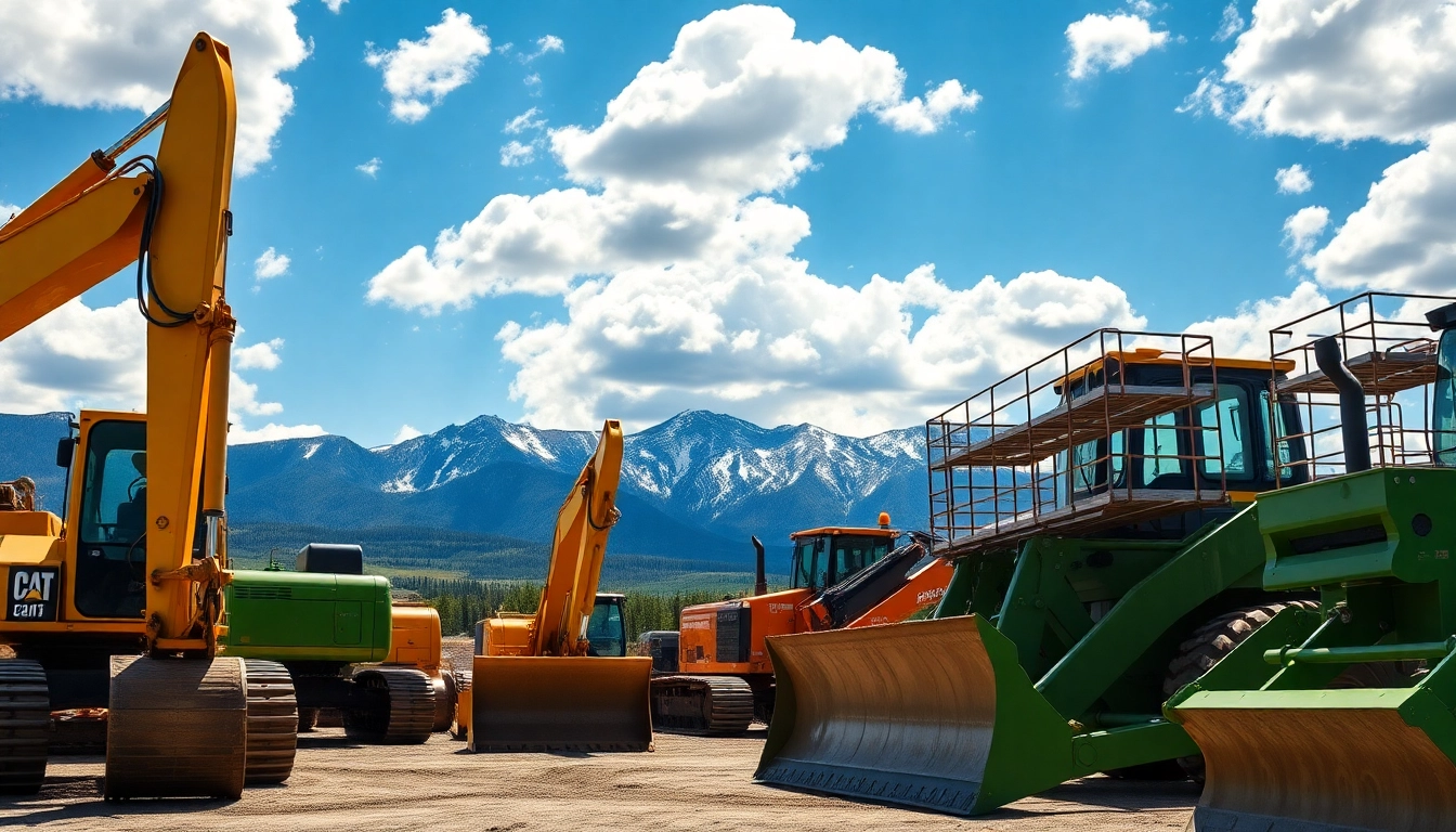 Kalispell equipment rental showcasing diverse construction machinery against a stunning mountain backdrop.