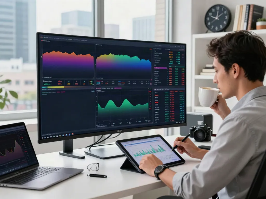 Trader utilizing TradingView on multiple screens in a vibrant modern office setting