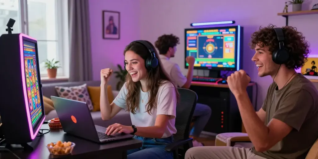 Excited players enjoying a PG SLOT tournament in a cozy gaming room.