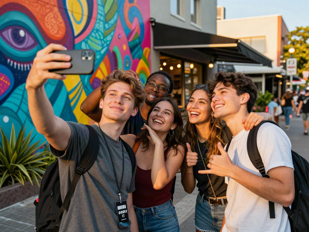 Group of friends celebrating their attractiveness test results in an urban setting.