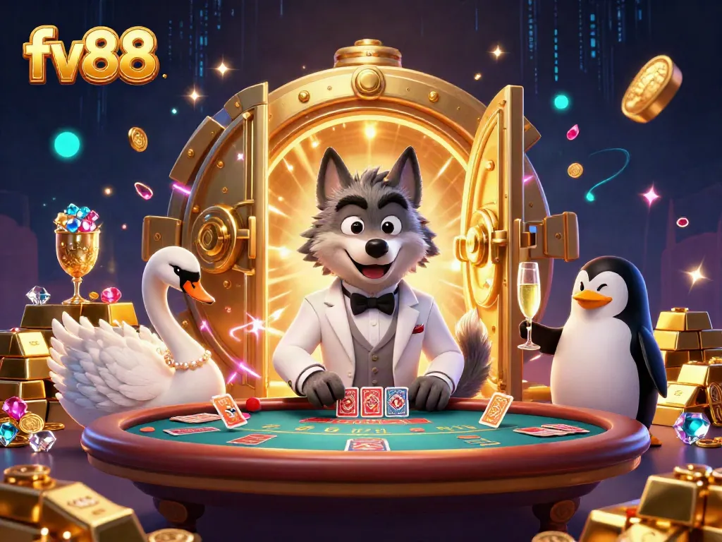 Win big with FV88 at the baccarat table featuring a debonair wolf and elegant dealer.