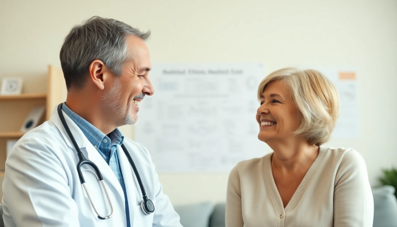 A patient receives attentive care from a private GP in a warm healthcare environment.