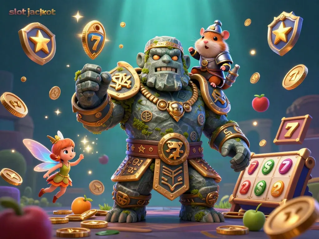 Experience a vibrant scene of "slot jackpot" with a golem, fairy, and hamster knight among colorful game elements.