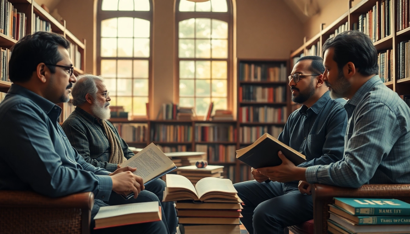 Engaging scene featuring authors exploring Indian contemporary literature in a cozy setting.