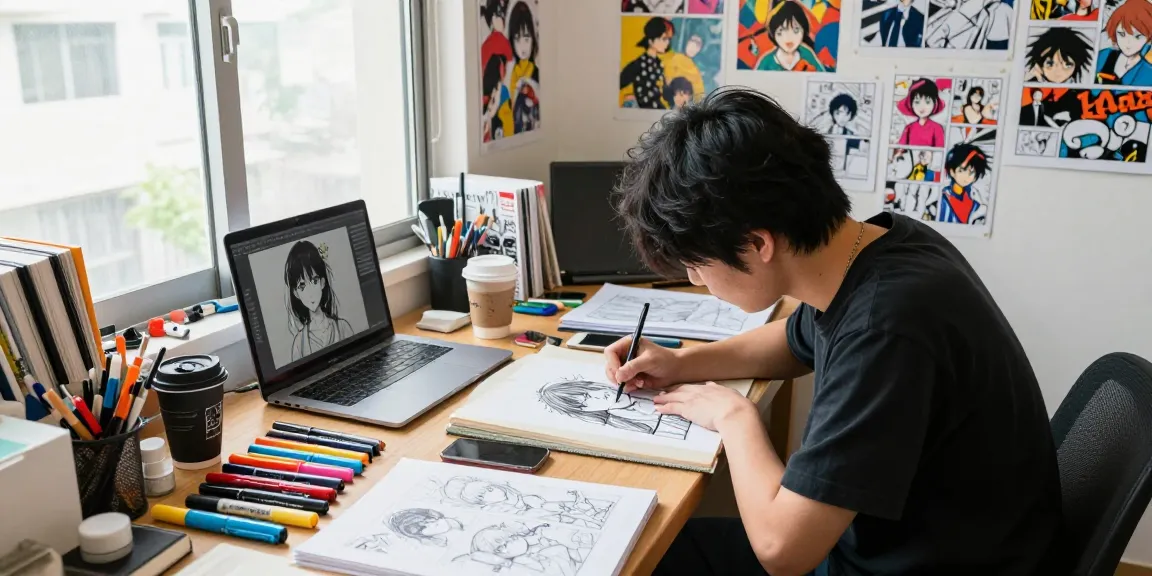Artist creating a doujinshi comic at a dynamic studio filled with art supplies and inspiration.