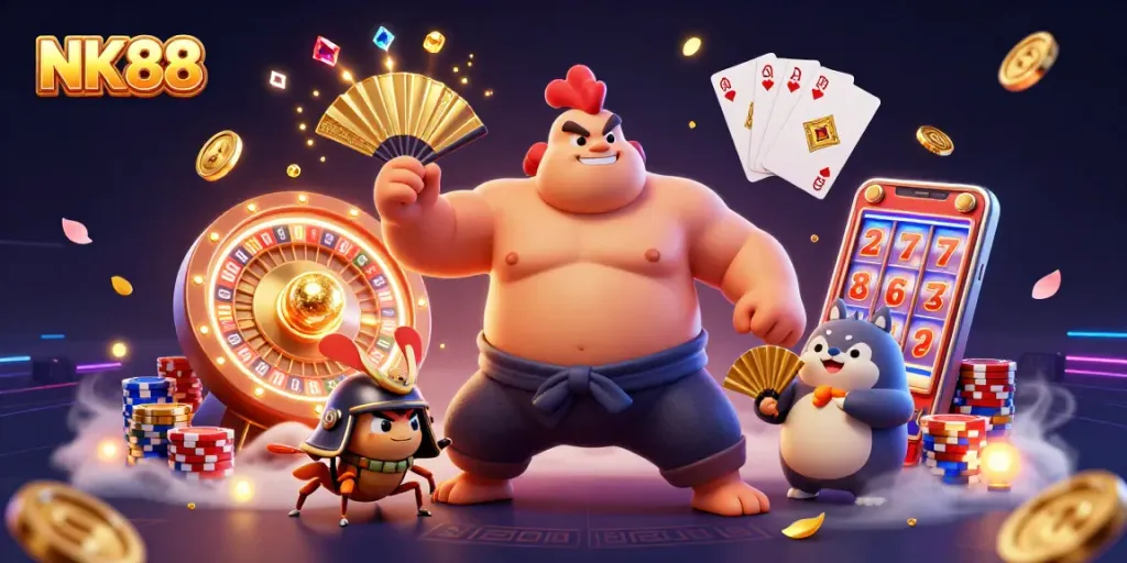 Engage in thrilling gameplay with NK88, highlighting dynamic casino elements and vibrant characters.