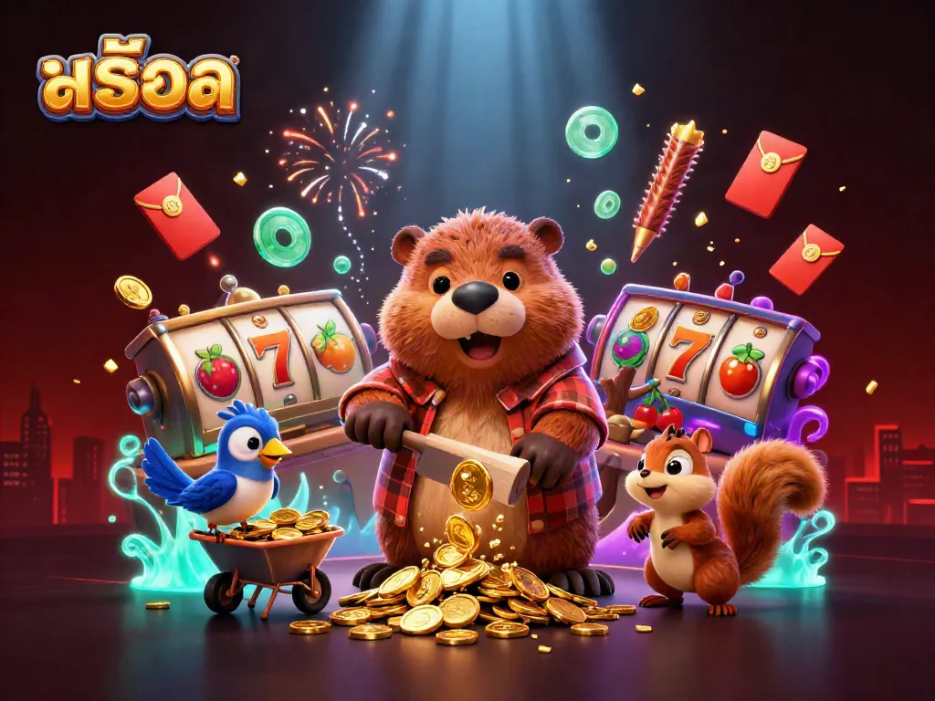Experience the excitement of สล็อต with a beaver, bird, and squirrel amid golden coins and slot elements.